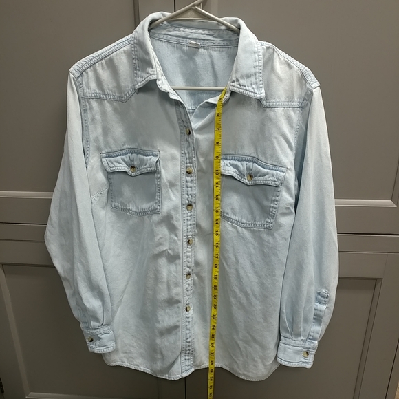 Distressed Jean Long Sleeve Shirt Women's Large Denim Worn w/Holes 100% Cotton - Picture 4 of 16